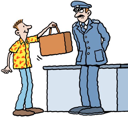 A traveller presenting suitcase to a stern customs officer