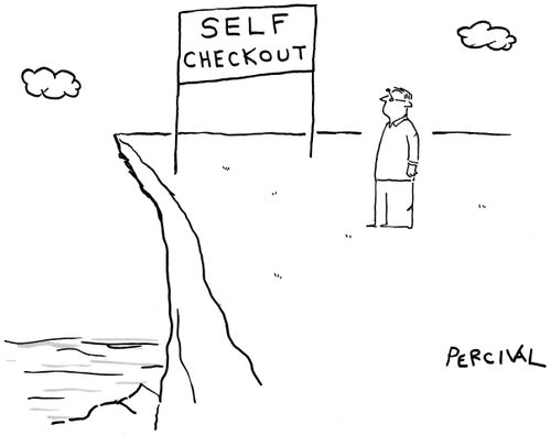 Man looking at a sign that reads: 'Self Checkout' by the edge of a cliff.