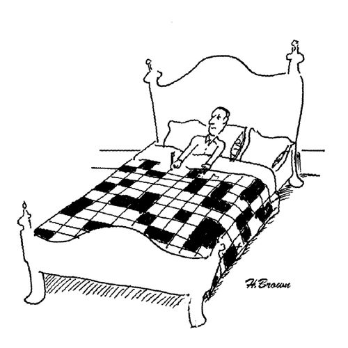 Man with puzzle bed covers.