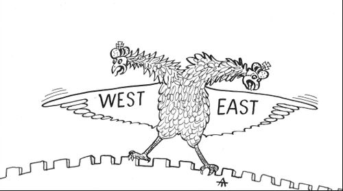 Russia divided between the West and East.