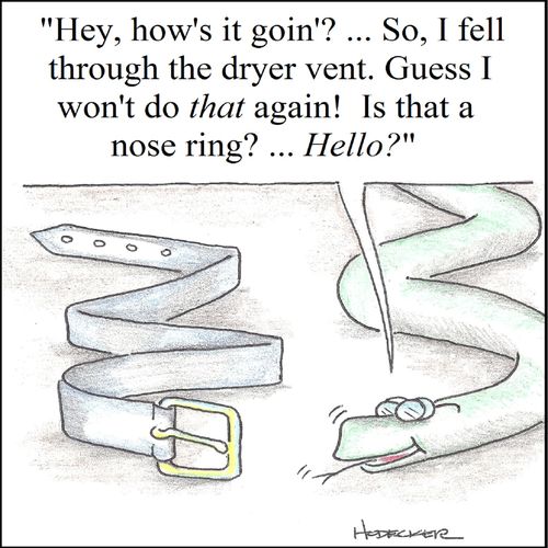 'Hey, how's it goin'?...So, I fell through the dryer vent. Guess I won't do that again! Is that a nose ring?...Hello?'