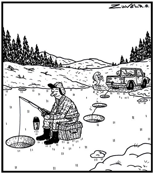 Two fish about to play a prank on an ice hole fisherman.
