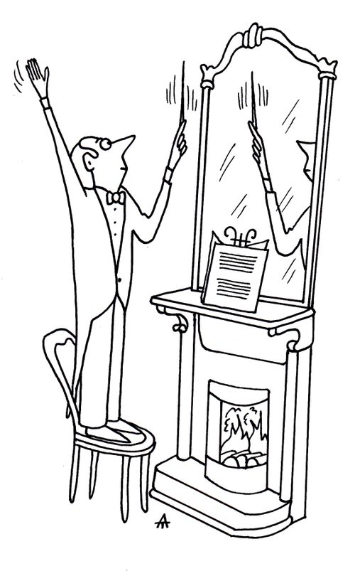 A conductor practising in front of a mirror.