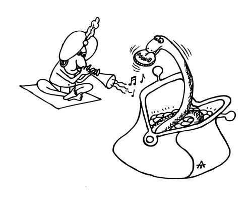 Snake charmers charms a snake out of a purse.