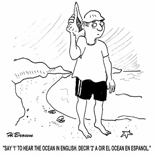 'Say '1' to hear the ocean in English. Decir '2' a oir el ocean en Espanol.'