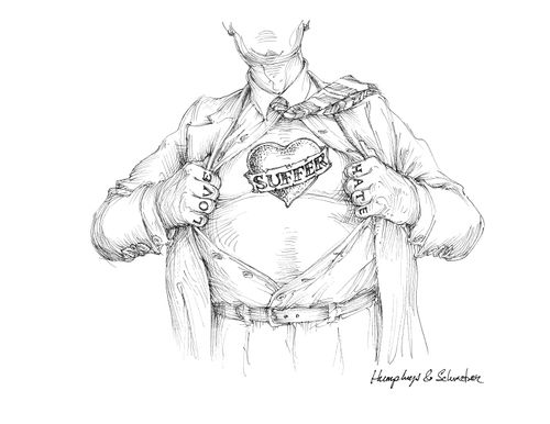 Man with love and hate tattooed on his knuckles opens his shirt to reveal the word suffer tattooed on his chest