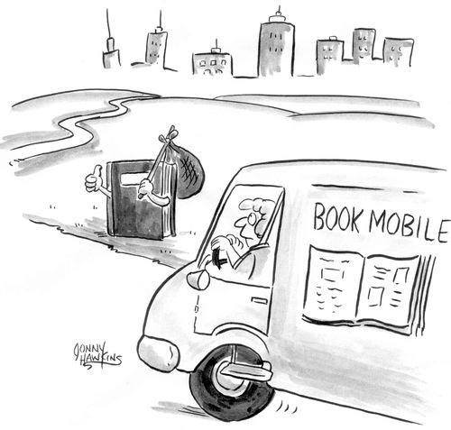 Bookmobile driver sees book hitch hiking