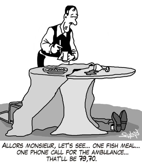'Allors Monsieur, let's see... one fish meal... one phone call for the ambulance... that'll be 79,70.'