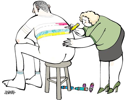 Woman colouring man's clothes with crayon.