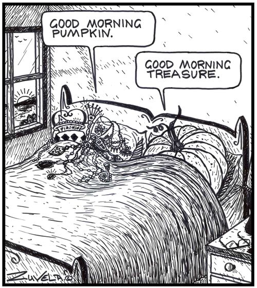 'Good morning pumpkin.' 'Good morning treasure.' A pile of treasure saying 'good morning' to a pumpkin