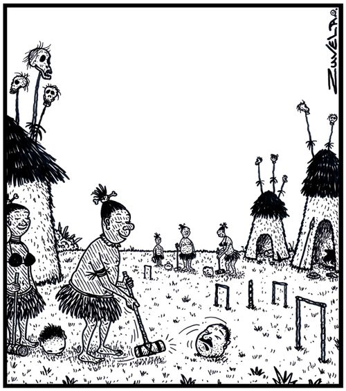 CannibalsHeadhunters playing a game of Croquet using Explorers and Missionaries heads for Croquet balls