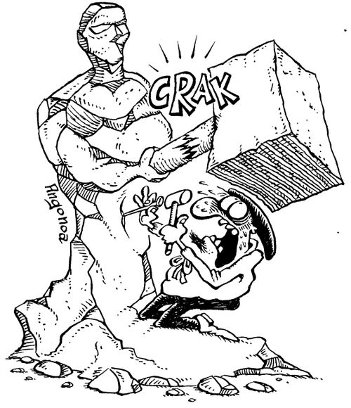 Sculpturer about to be crushes by broken bit of own sculpture