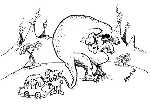 Fossil fuels, Dinosaur horrified to discover petrol station attendant pouring petrol from his tail