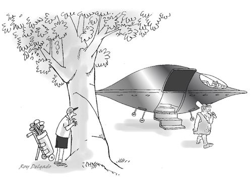 Golfer watches alien space ship.