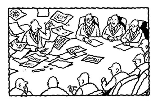 Meeting with lots of paperwork and angry members.