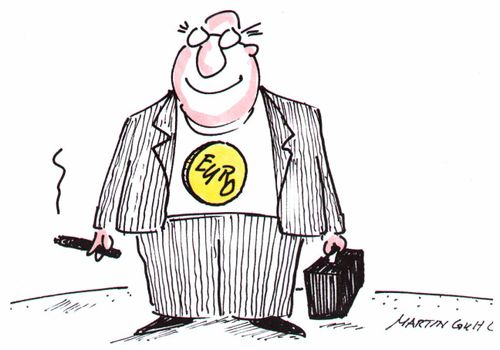 Fat happy businessman with a euro coin printed on his chest