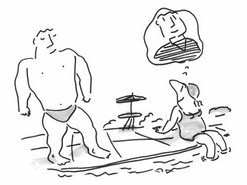 Woman imagining handsome swimmer as a vicar