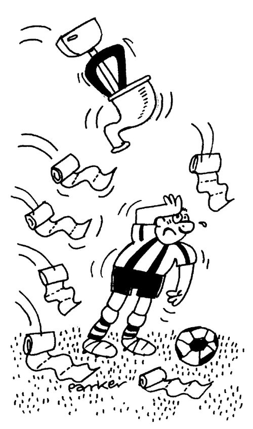 Soccer player being showered with toilet roles and a toilet.