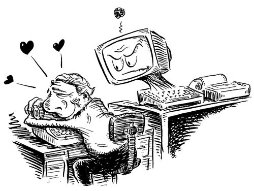 Computer looking rather annoyed at owner whoes hugging his typewriter