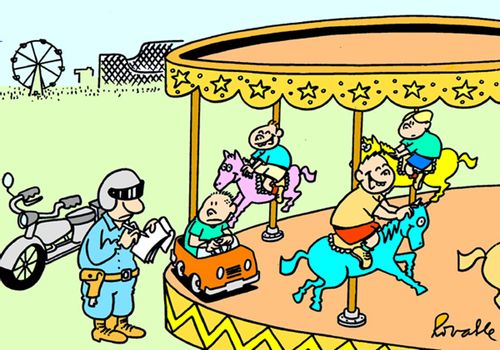 Polieman booking a child on a carousel.