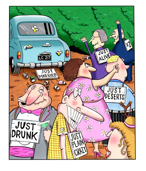 Social comment on the time-honoured tradition of attaching a Just Married sign to the newlyweds car