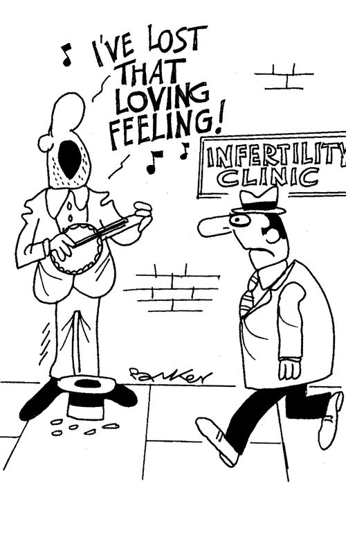 Man singing 'I've lost that loving feeling' outside infertility clinic.