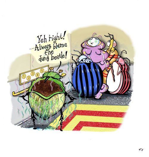 'Yeh right!  Always blame the dung beetle!' - An elevator mishap.