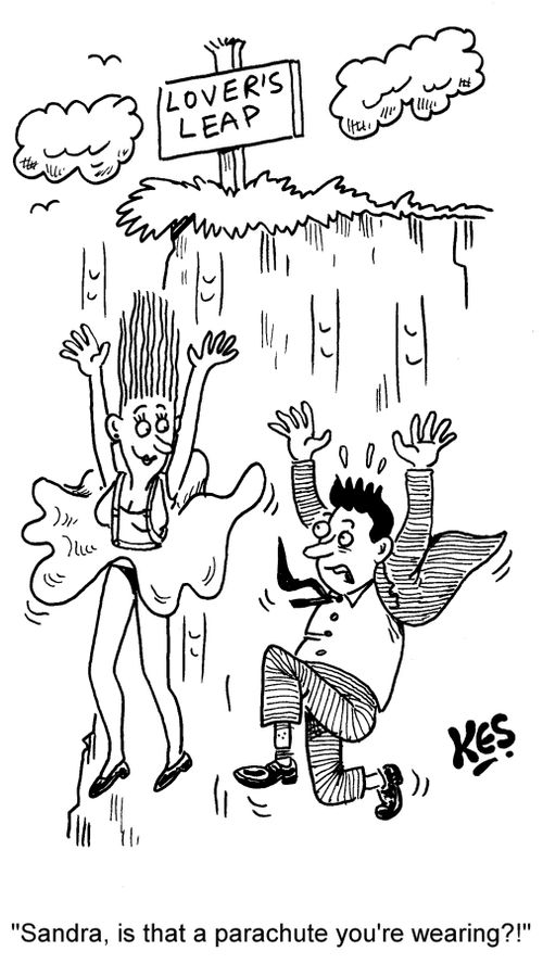 Couple jump off lover's leap:'Sandra, is that a parachute you're wearing?!'