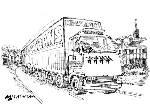Speeding lorry with Morris Dancer outlines on front.