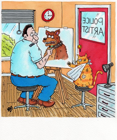 Police artist drawing a snarling dog while a injured cat desribes him 