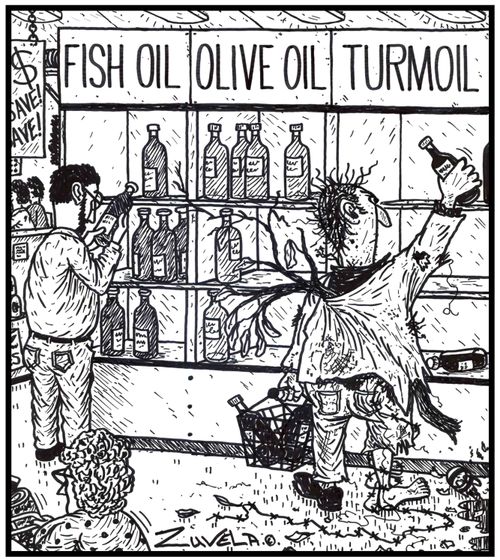 (Visual gag) Fish Oil - Olive Oil - Turmoil  /  A messed up man suffering from his own personal turmoil getting a couple of bottles of TURMOIL