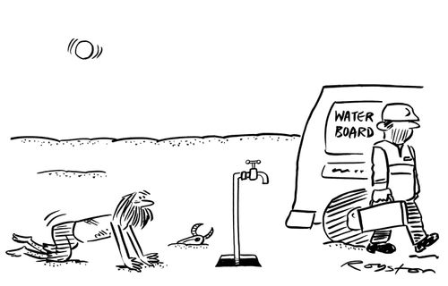 Man crawls through desert to find that the Water Board has installed a stand pipe.