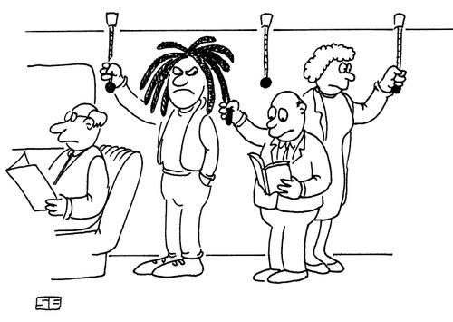 Man on tube using dreadlock as support.