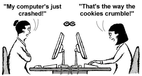 'My computer's just crashed!'  'That's the way the cookies crumble!'.