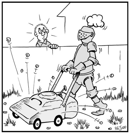 Man look over neighbours fence at a man mowing his lawn. He is wearing a suit of armour to protect him from stones being thrown up by mower.