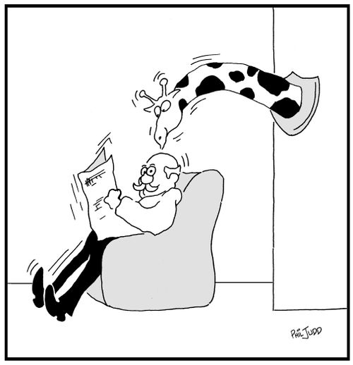 Man reading a newspaper. Trophy head of giraffe reading over his shoulder.