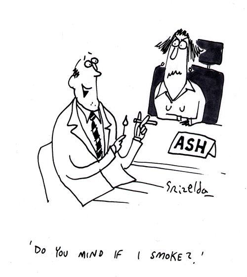 Man lighting up in offices of ASH, saying 'Do you mind if I smoke?'