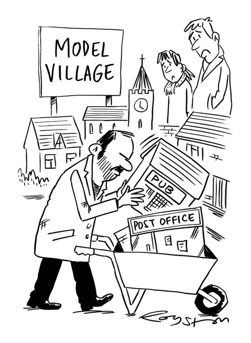 Workman at model village removes pub and post office.