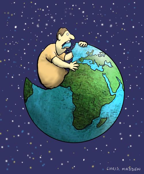 A gigantic man consuming the Earth