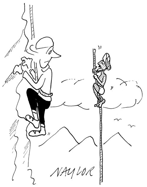 Mountain Climber sees man performing Indian Rope Trick.