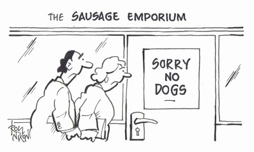 Notice on Sausage Emporium door - SORRY NO DOGS.