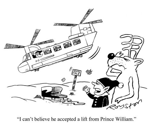 Santa takes off with presents in Chinook helicopter. Elf says: 'I can't believe he accepted a lift from Prince William.'
