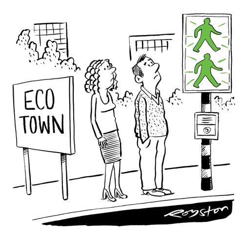Pedestrian crossing in 'Eco town': both flashing men are green.
