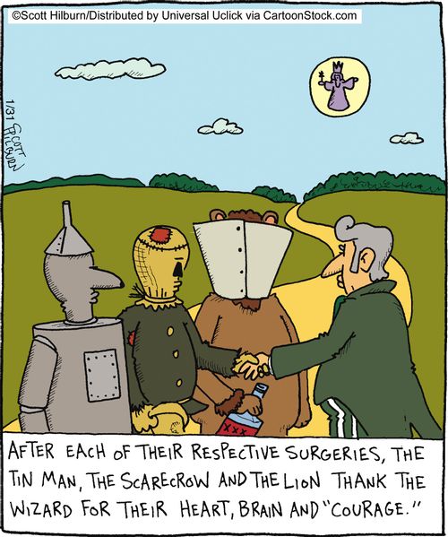 After each of their respective surgeries,the tin man, the scarecrow and the lion thank the wizard for their heart, brain and 'courage.'