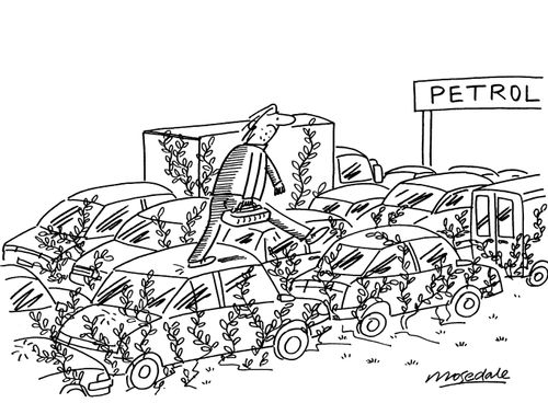 Motorist in long queue at petrol station walks over cars to pumps.