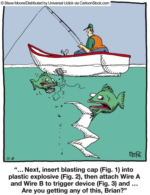 Fish building a bomb to save themselves.