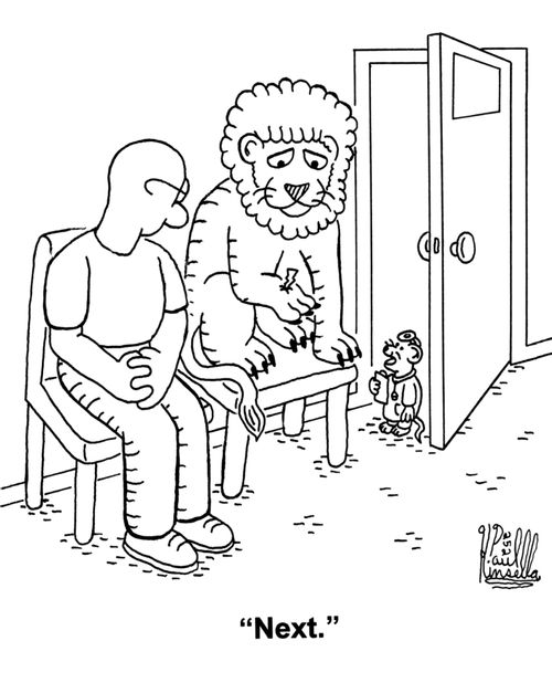 'Next.' (Lion with a thorn in its claw)