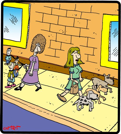 Women with her children of leashes passes dog walker with dogs so well trained they have no leashes.