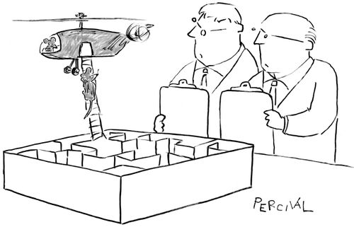 Scientists watching a lab rat escape from a maze by helicopter.
