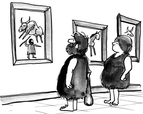 Cave people viewing the cave drawings at gallery.